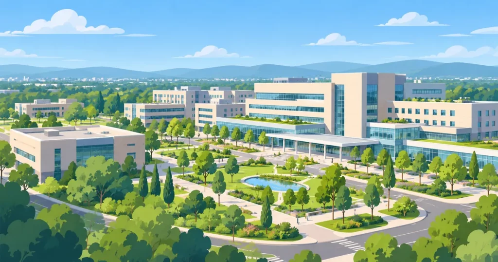 Vue d'ensemble d'un quartier hospitalier entouré d'arbres