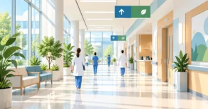 Couloir lumineux de l'hôpital Henri Mondor à Créteil