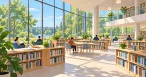 Salle de lecture de la médiathèque Nelson Mandela à Créteil, rayonnages et baie vitrée donnant sur la verdure