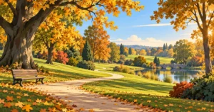 Allée du parc Dupeyroux à Créteil en automne, bordée d'arbres centenaires aux feuillages dorés